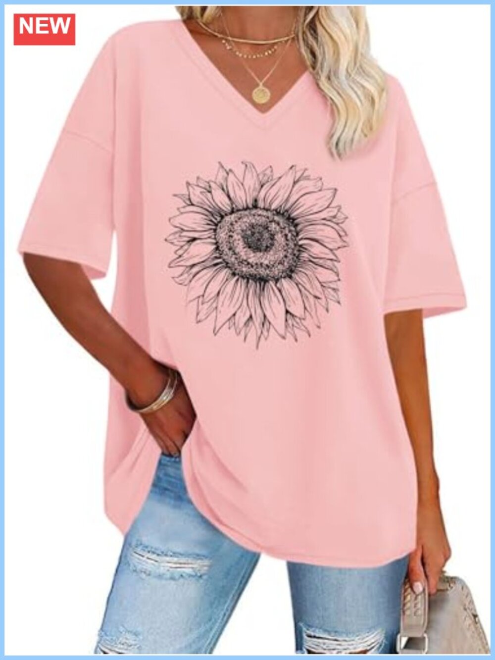 Women's Oversized V-Neck Graphic Tee Short Sleeve Loose Fit T-Shirt